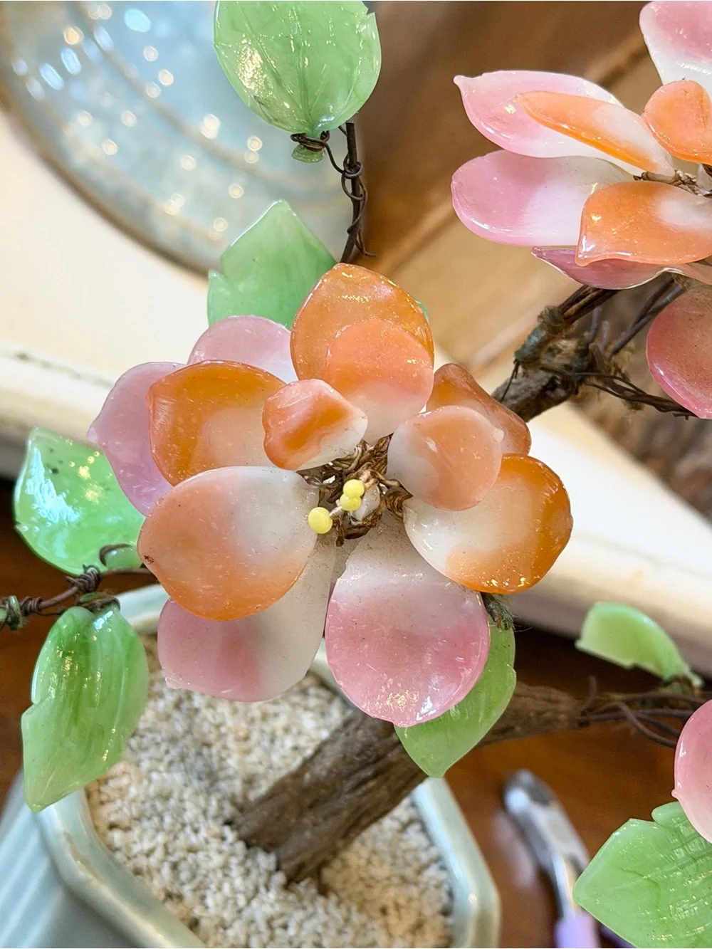 Vintage Asian Cherry Blossom Bonsai Tree. Glass Jade Leaves. 1970’s Unique